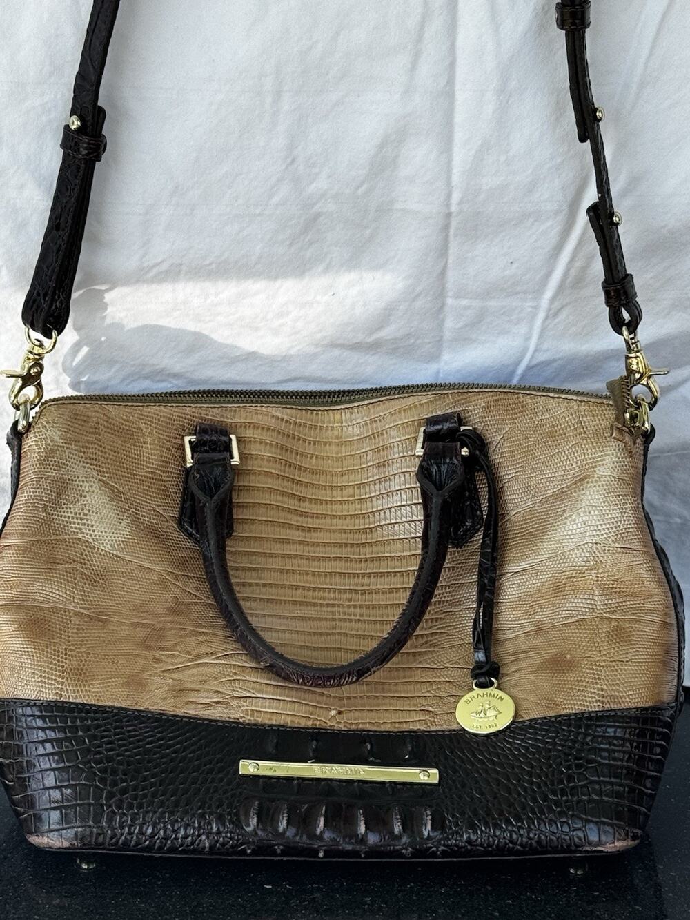 Brahmin Duxbury Satchel Embossed leather two-tone croc-lizard Dark Rum Pecan